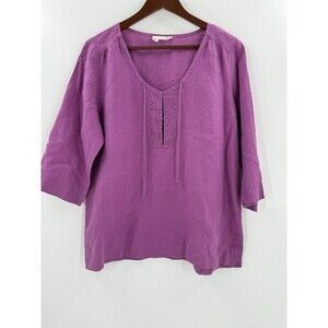 Eileen Fisher Women’s Irish Linen ¾ Sleeve Pullover Purple Tunic Top LARGE